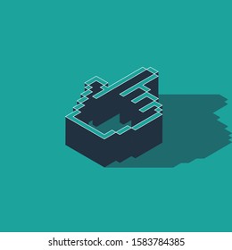 Isometric Pixel hand cursor icon isolated on green background. Pointer hand cursor.  Vector Illustration