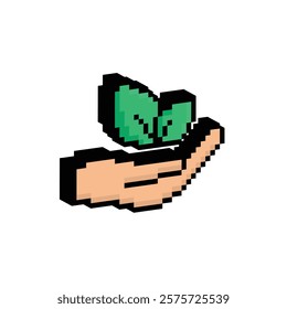 isometric pixel hand holds Leaf  sign icon.  eco ecology sign art icon vector 8 bit game 