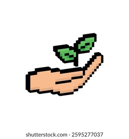 isometric  pixel hand holds Leaf  sign icon.  eco ecology sign art icon vector 8 bit game save nature