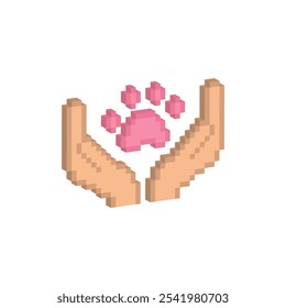 isometric pixel hand holds paw cat or dog icon. Vector pixel art cat dog paw 8 bit logo for game