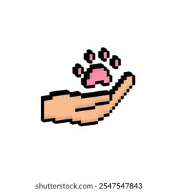 isometric isometric pixel hand holds paw cat or dog icon. Vector pixel art cat dog paw 8 bit logo for game
