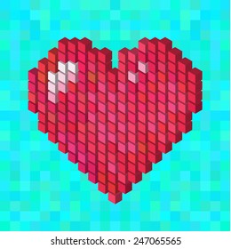 Isometric pixel heart abstract background 