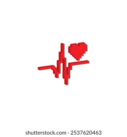 isometric pixel heartbeat icon. Vector pixel art heart beat 8 bit logo for game