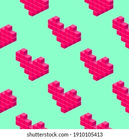 Isometric pixel hearts seamless pattern on light green background.
