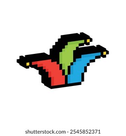 isometric pixel jester hat icon. Vector pixel art joker hat 8 bit for game company logo template