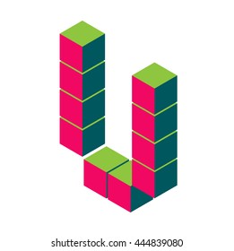 isometric pixel letter u. 3D letter u. Isometric red u abc. Alphabet on white. pixel letters, isometric lettering. 3d u. Geometric alphabet, Cube font. Cube letters. 3d pixel lettering, Word elements