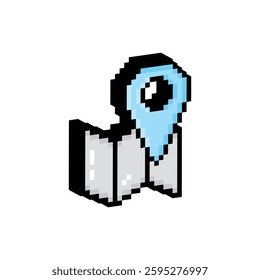 isometric pixel map pointer icon.  Vector pixel art gps cartography map  8 bit logo for game