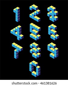 isometric pixel numbers. isometric pixel font. 3D numbers. Isometric blue numbres on black. Pixel Numbers,3d fnumbers. Geometric numbers, Font of cubes. Cube letters. 3d pixel lettering, vector flat