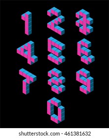 isometric pixel numbers. isometric pixel font. 3D numbers. Isometric pink numbres on black. Pixel Numbers,3d fnumbers. Geometric numbers, Font of cubes. Cube letters. 3d pixel lettering, vector flat