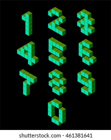 isometric pixel numbers. isometric pixel font. 3D numbers. Isometric green numbres on black. Pixel Numbers,3d fnumbers. Geometric numbers, Font of cubes. Cube letters. 3d pixel lettering, vector flat