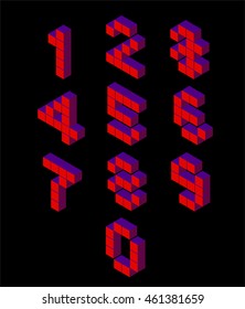 isometric pixel numbers. isometric pixel font. 3D numbers. Isometric red numbres on black. Pixel Numbers,3d fnumbers. Geometric numbers, Font of cubes. Cube letters. 3d pixel lettering, vector flat