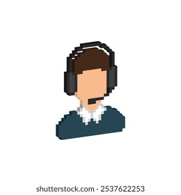 pixel isométrico Operador no ícone do headset. Suporte online de pixel art vetorial logotipo de 8 bits para o jogo