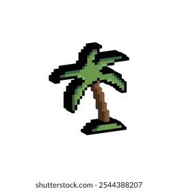 Icono de palmera de píxeles isométricos Icono de Vector Pixel Art Signo de vacaciones para juego de 8 bits