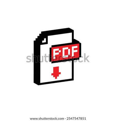 isometric pixel pdf file icon. Vector pixel art pdf document 8 bit logo for game