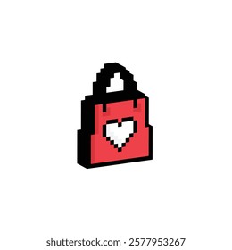 isometric pixel shopping bag with hear icon. Vector pixel art valentine day 8 bit for game company logo template 