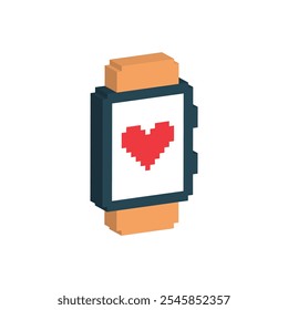 isometric pixel smart watch icon with heart . Vector pixel art wrist watch 8 bit logo for game