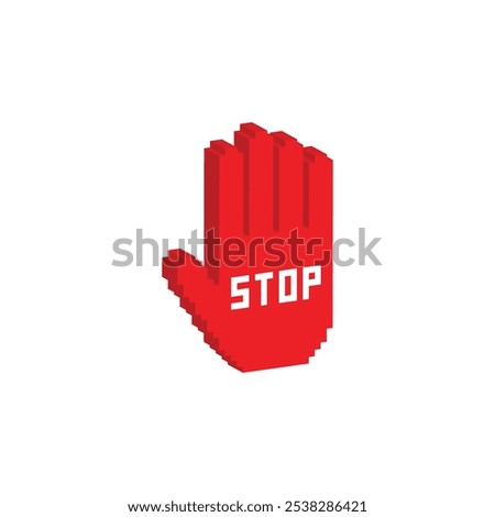 isometric pixel stop icon. Vector pixel art stop hand 8 bit logo for game