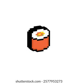 isometric pixel sushi icon. Vector pixel art sushi philadelphia roll 8 bit for game company logo template 