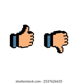 isometric pixel thumb up and down icon. Vector pixel art thumb gesture 8 bit logo for game