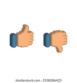 isometric pixel thumb up and down icon. Vector pixel art thumb gesture 8 bit logo for game