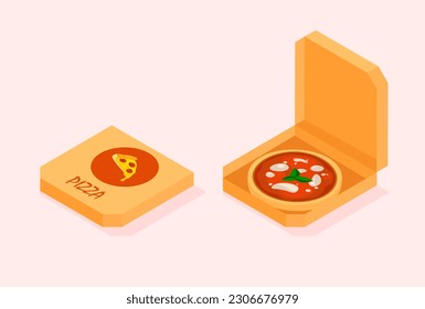 Isometric pizza box design. Traditional italian food. 3d package icon. Food delivery. Vector illustration.