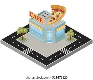 Isometric pizza cafe building with road on a white background. Pizzeria in the isometric projection. Vector illustration.