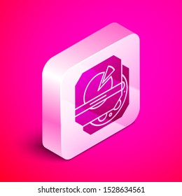 Isometric Pizza in cardboard box icon isolated on pink background. Box with layout elements. Silver square button. Vector Illustration