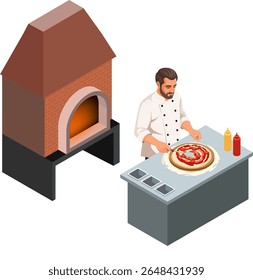 Chef de Pizza Isométrica Preparando Pizza Perto de Forno de Tijolo