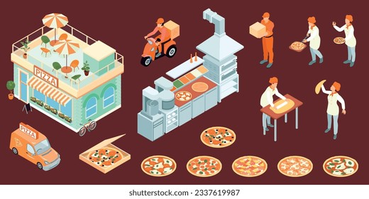 Isometric pizza color set with isolated icons of kitchen range parlor building delivery car and scooter vector illustration