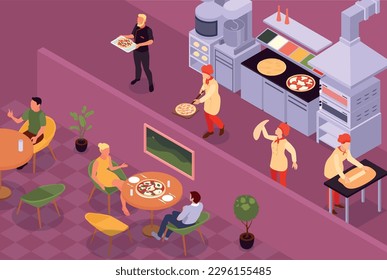Isometric pizza composition with indoor view of cafeteria restaurant with cooks waiter and clients at tables vector illustration