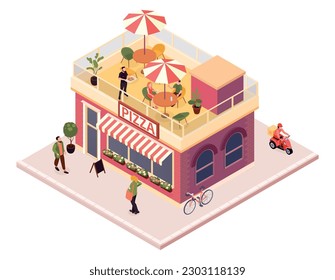 Isometric pizza composition with isolated view of pizza parlor with roof terrace eating clients and waiter vector illustration