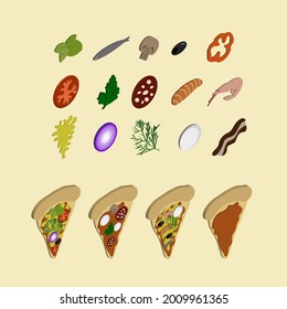 Isometric pizza constructor. Make your pizza. Pizza slice with base and ingridients. Pizza builder with different toppings. For pizzeria menu 