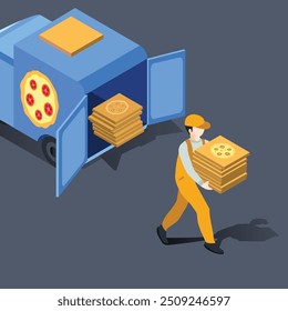 A Isometric pizza delivery boy with delivery car.