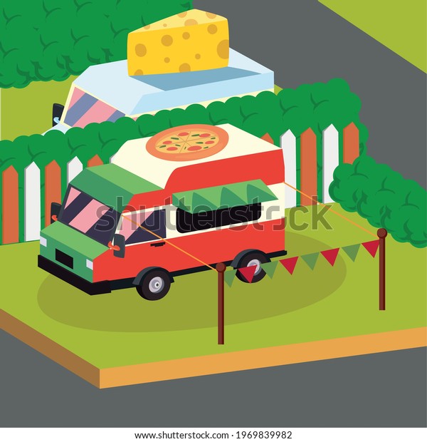 Isometric pizza food truck\
vehicle