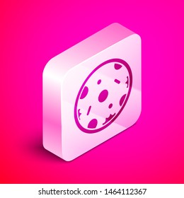 Isometric Pizza icon isolated on pink background. Fast food menu. Silver square button. Vector Illustration