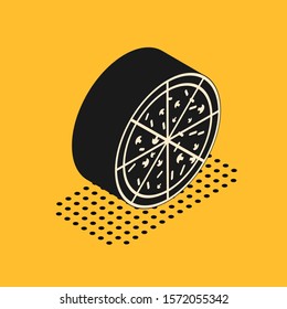Isometric Pizza icon isolated on yellow background.  Vector Illustration