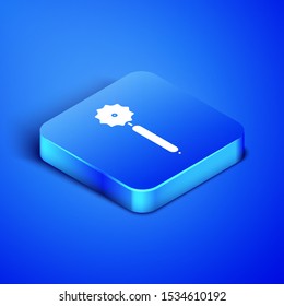 Isometric Pizza knife icon isolated on blue background. Pizza cutter sign. Steel kitchenware equipment. Blue square button. Vector Illustration
