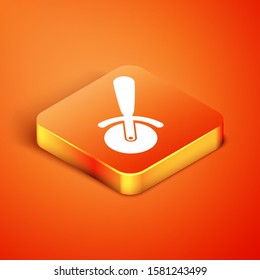 Isometric Pizza knife icon isolated on orange background. Pizza cutter sign. Steel kitchenware equipment.  Vector Illustration
