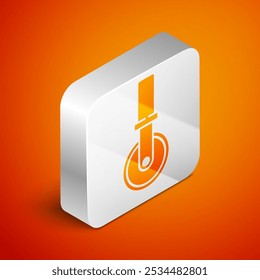 Isometric Pizza knife icon isolated on orange background. Pizza cutter sign. Steel kitchenware equipment. Silver square button. Vector