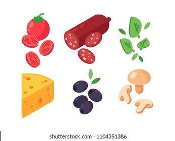 Isometric pizza products. Tomato, cheese, pepperoni, mushrooms and olives. Isolated isometric 3d illustration on white background