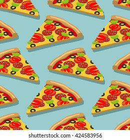 Isometric Pizza seamless pattern. Italian food texture. Delicious fresh slice of tortilla ingredients tomatoes and cheese, sausage and spinach. meal background
