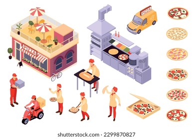 Pizza isométrica con íconos aislados de cajas de comidas con personajes de cocineros y vectores ilustración vectorial