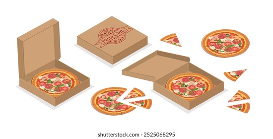 Isometric pizza set. Traditional italian fast food and cuisine. Slice of takeaway eating. Homemade bakery and pastry products. 3D vector collection isolated on white background