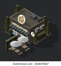 Isometric Pizza Shop With Sign Or Logo On Top In The Shape Of A Large Pizza On Tray 3D Model Of A Store Or Cafe And Restaurant With Green Tree And Outdoor Seating On Night Scene Background