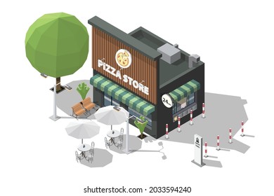 Isometrische Pizzeria oder Pizzeria und Bank zum Sitzen und Warten am Eingang 3D-Modell des Restaurants und Drive Thru nehmen Abholpunkt-Vektorgrafik einzeln auf weißem Hintergrund