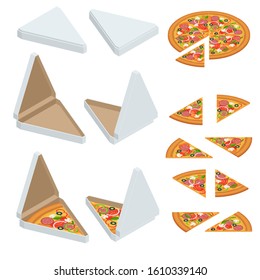 Isometric Pizza Triangle Box Slice. Slice of fresh Italian classic Pizza isolated on white background. Hot Tasty Pizza, used for design and branding.
