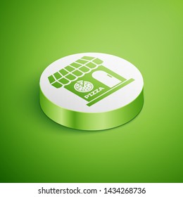 Isometric Pizzeria building facade icon isolated on green background. Fast food pizzeria kiosk. White circle button. Vector Illustration 