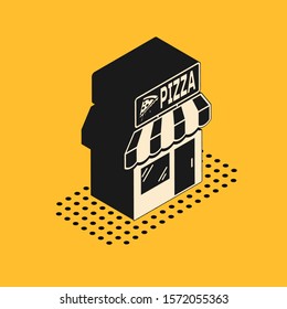 Isometric Pizzeria building facade icon isolated on yellow background. Fast food pizzeria kiosk.  Vector Illustration