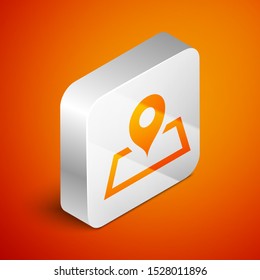 Isometric Placeholder on map paper in perspective icon isolated on orange background. Silver square button. Vector Illustration