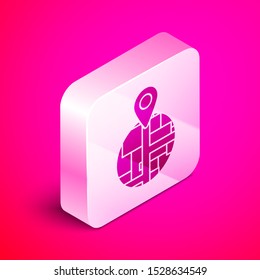 Isometric Placeholder on map paper in perspective icon isolated on pink background. Silver square button. Vector Illustration